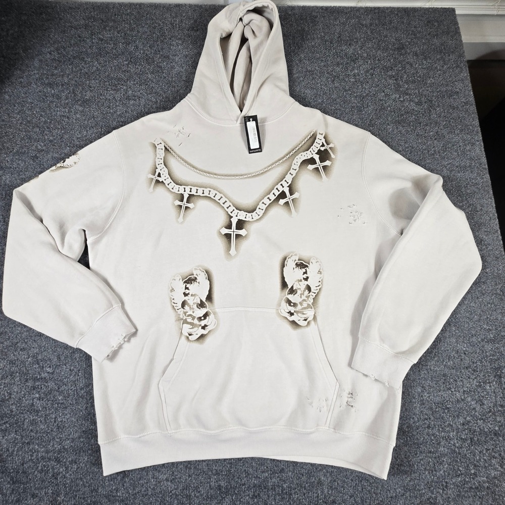 boohooMAN Oversized Distressed Cross Graphic Hoodie Beige Mens Large NWT (O1)